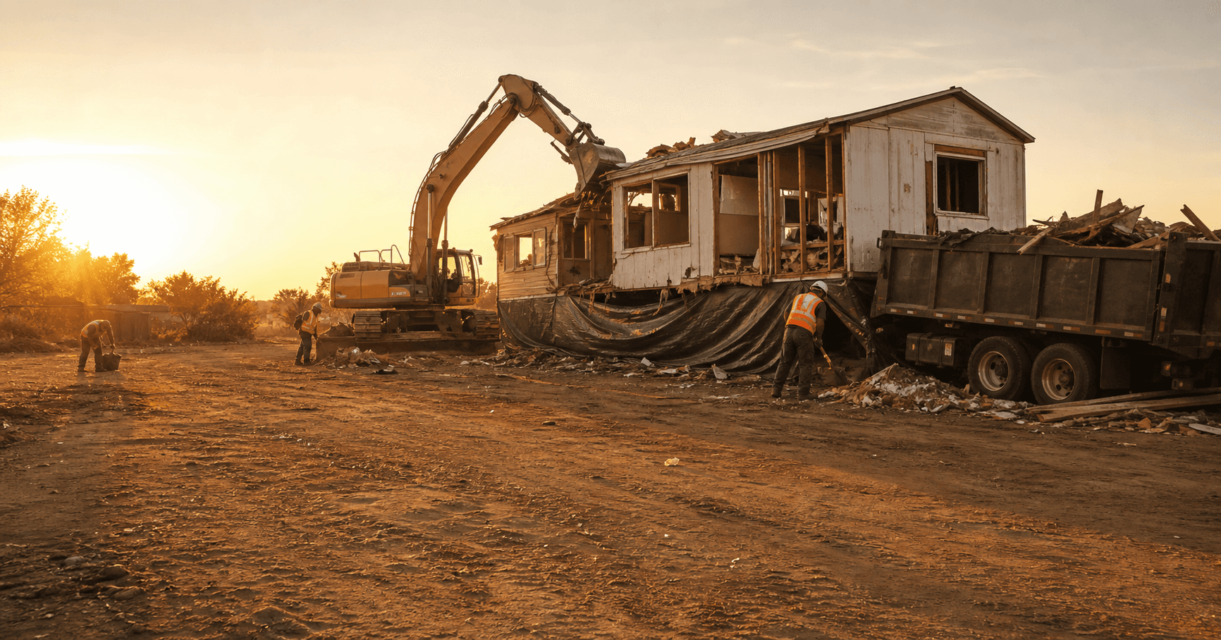 Mobile home removal crew at work