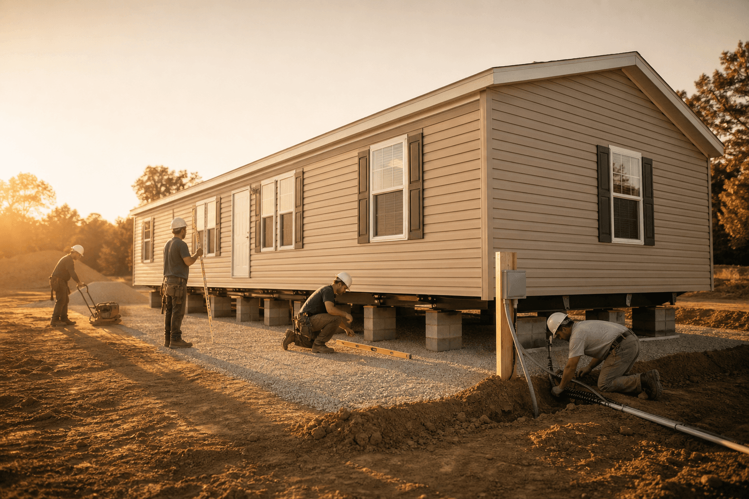 Mobile home installation crew at work