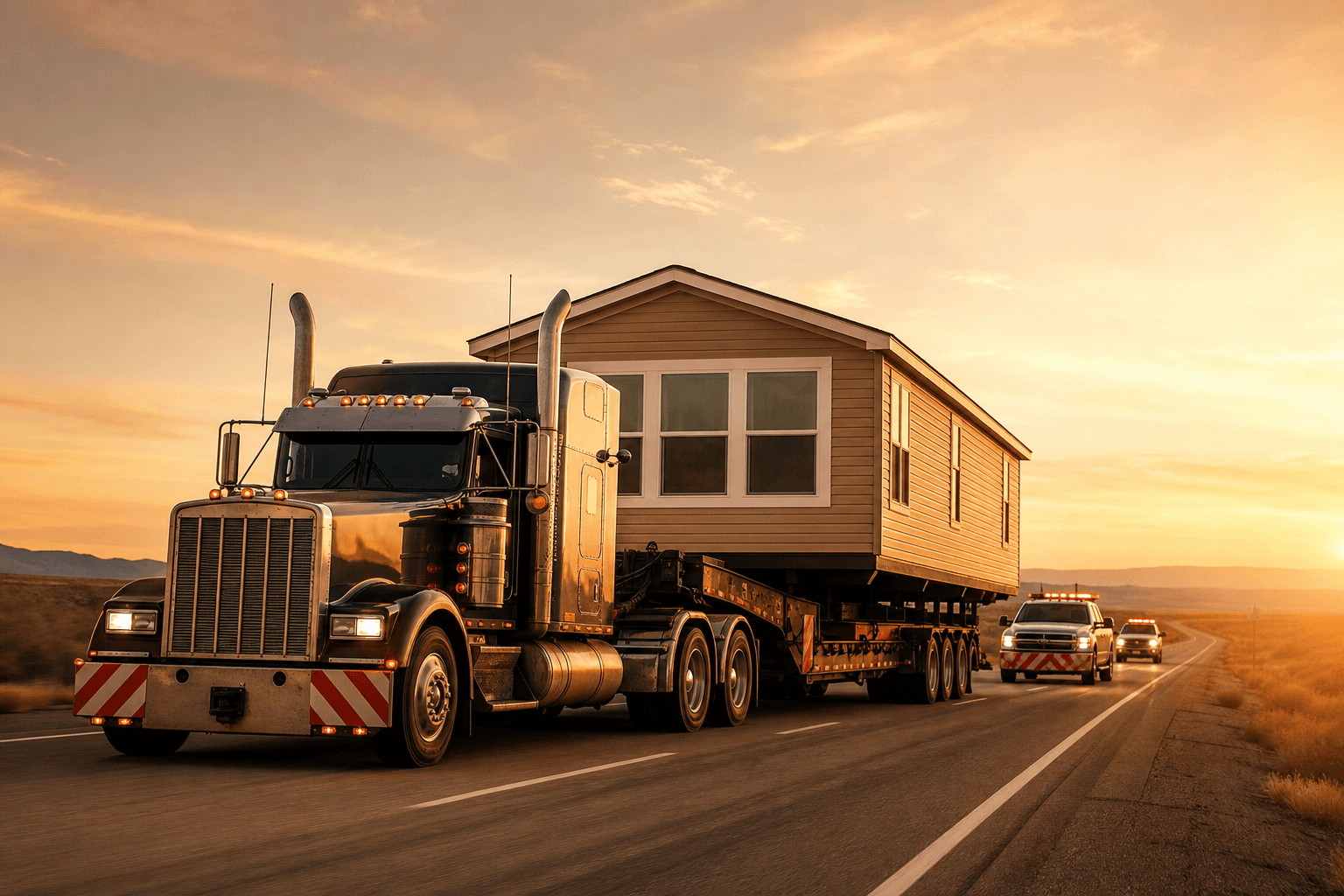 Mobile home transportation crew at work