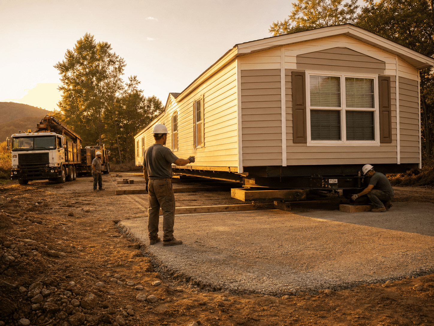 Mobile home installation crew at work